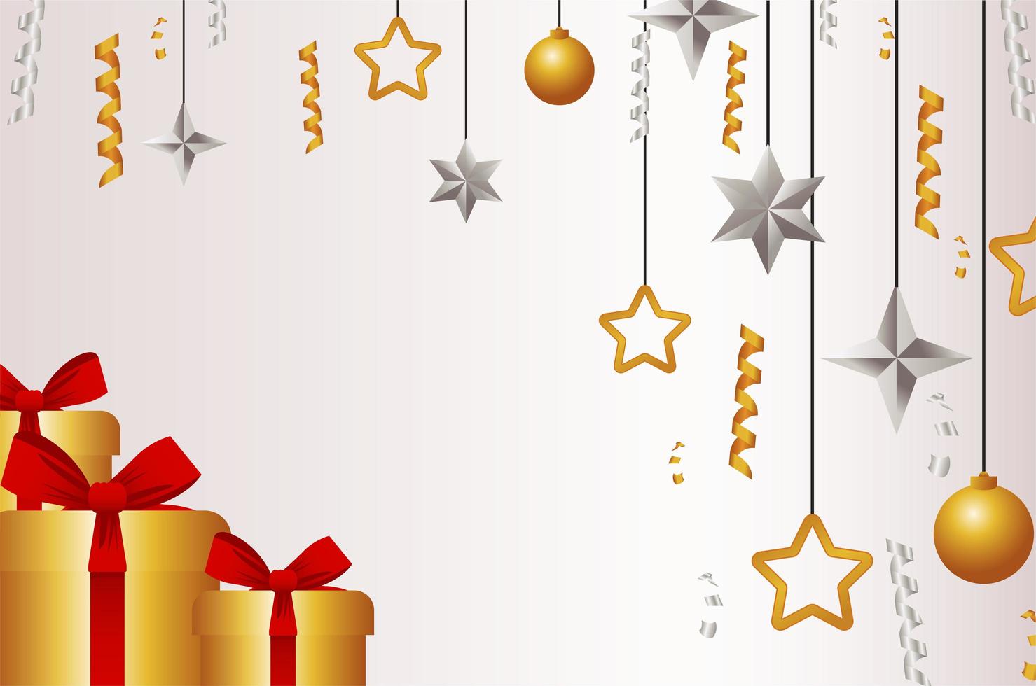 feliz tarjeta de feliz navidad con regalos dorados y bolas colgando vector