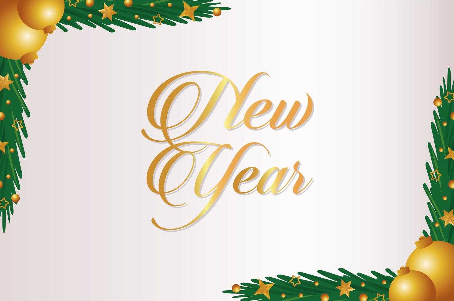 happy new year lettering card with golden balls in leafs pine vector