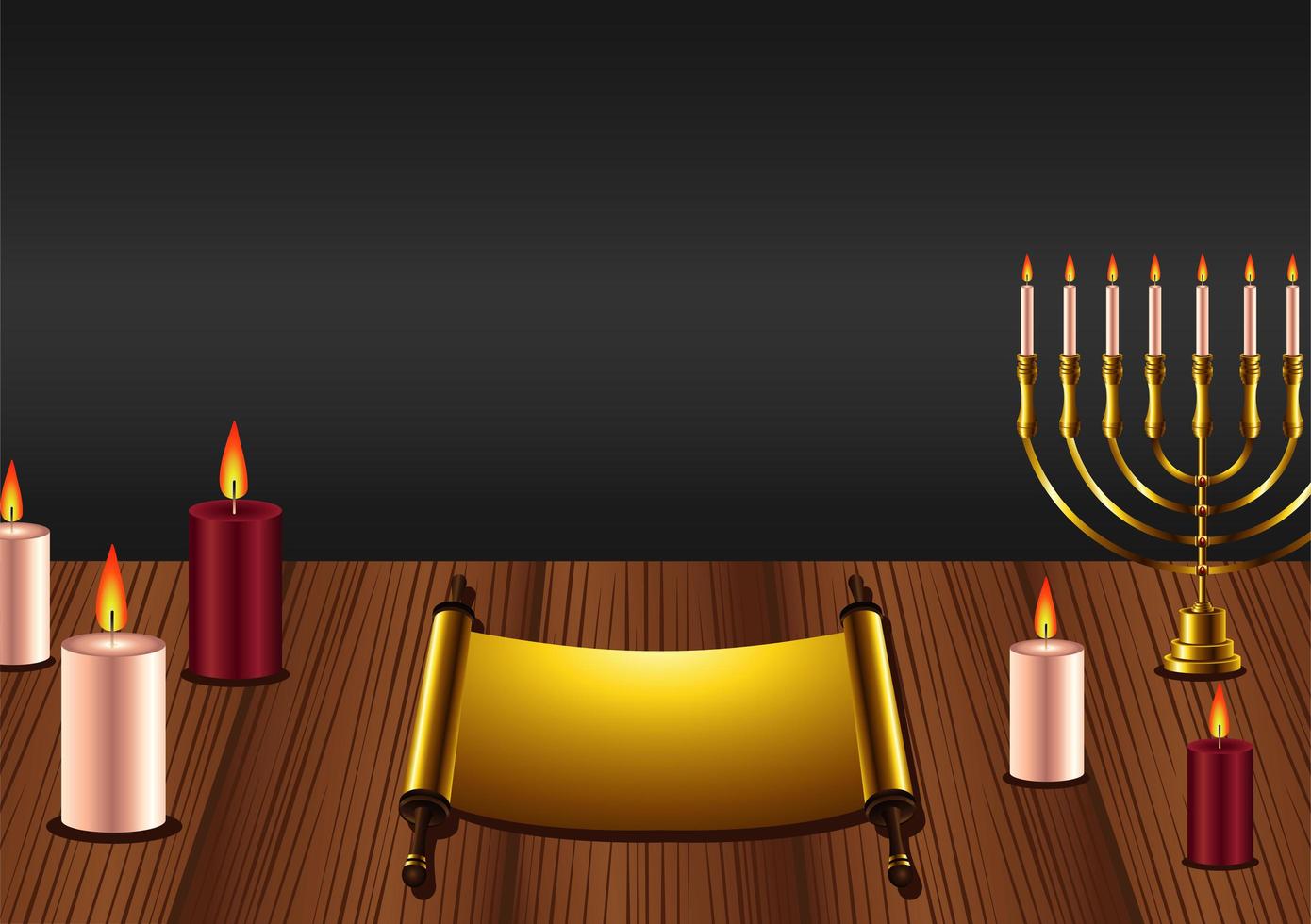 Feliz celebración de Hanukkah con candelabros y velas en la mesa de madera vector