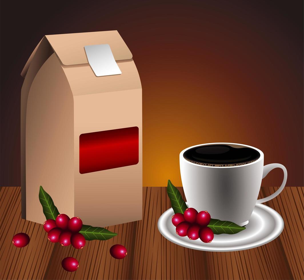 delicious coffee drink poster with cup and box packing vector