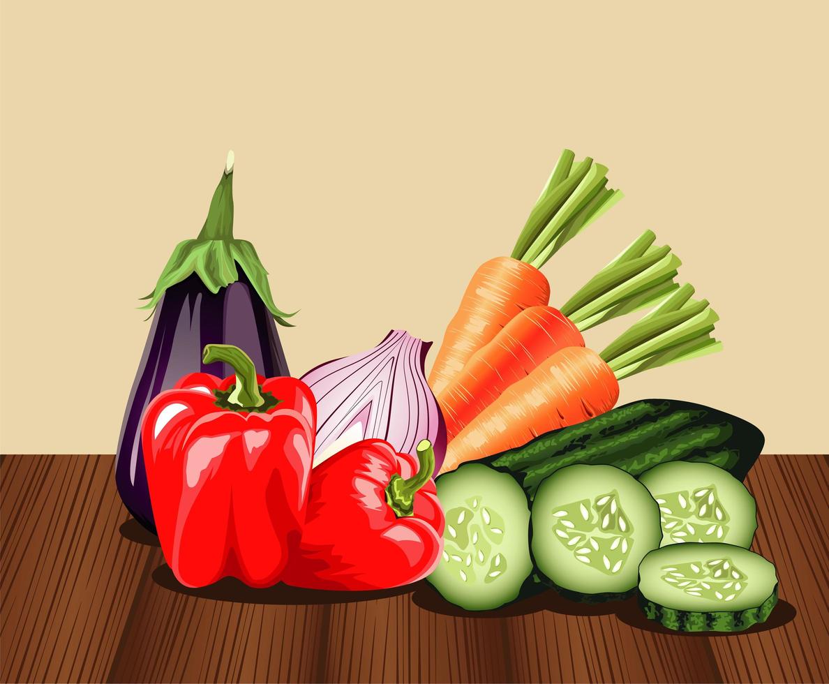 vegetarian healthy food with vegetables in wooden table vector