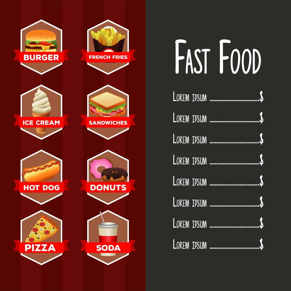 delicious fast food list menu template with lettering in red and gray background vector