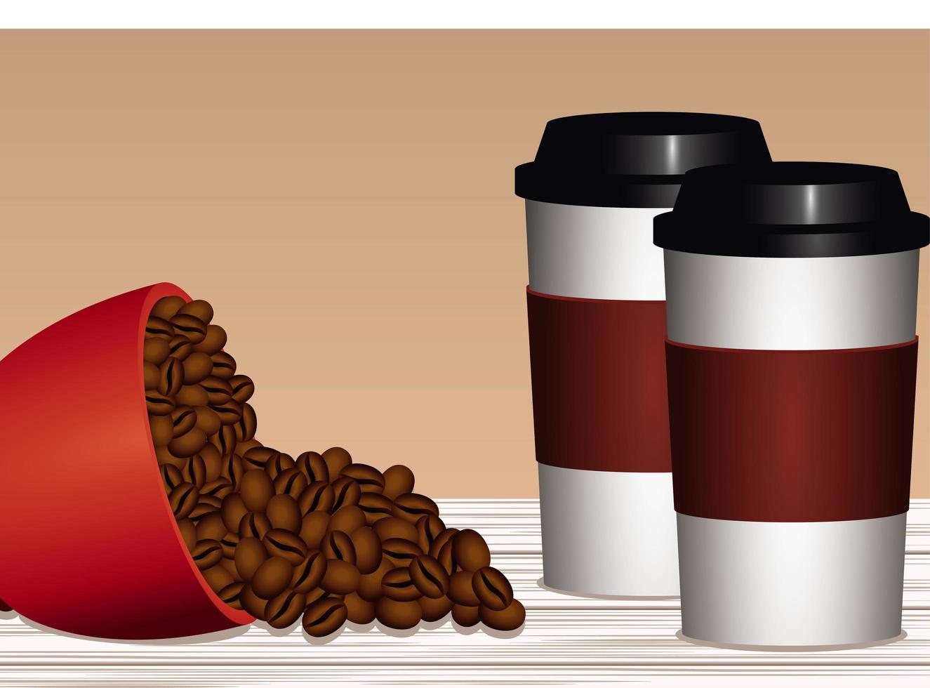 delicioso cartel de bebida de café con semillas y vasos de plástico vector