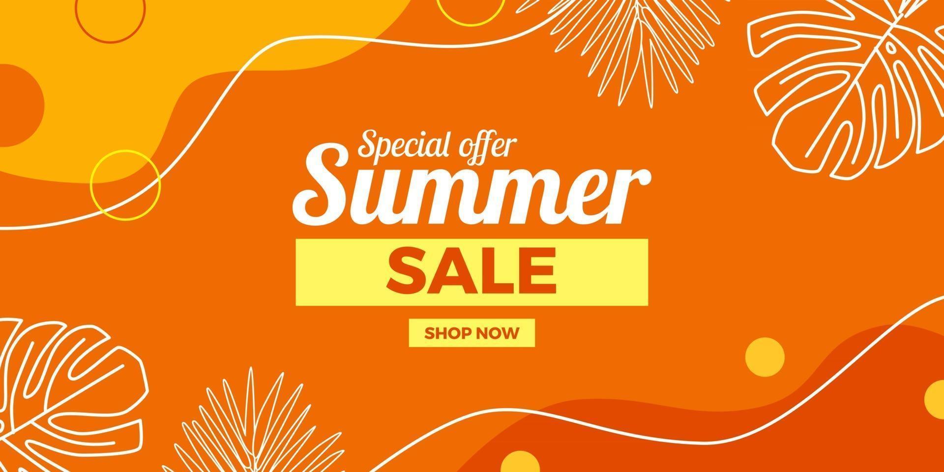 Oferta de venta de verano Banner de promoción de descuento con hojas de decoración de memphis abstracta y fondo naranja vector