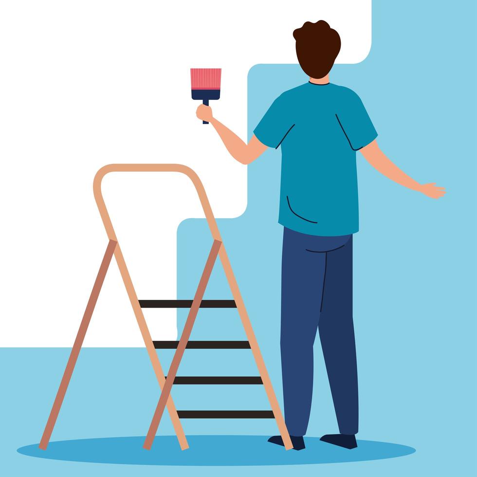 man cartoon painting with brush and ladder vector design