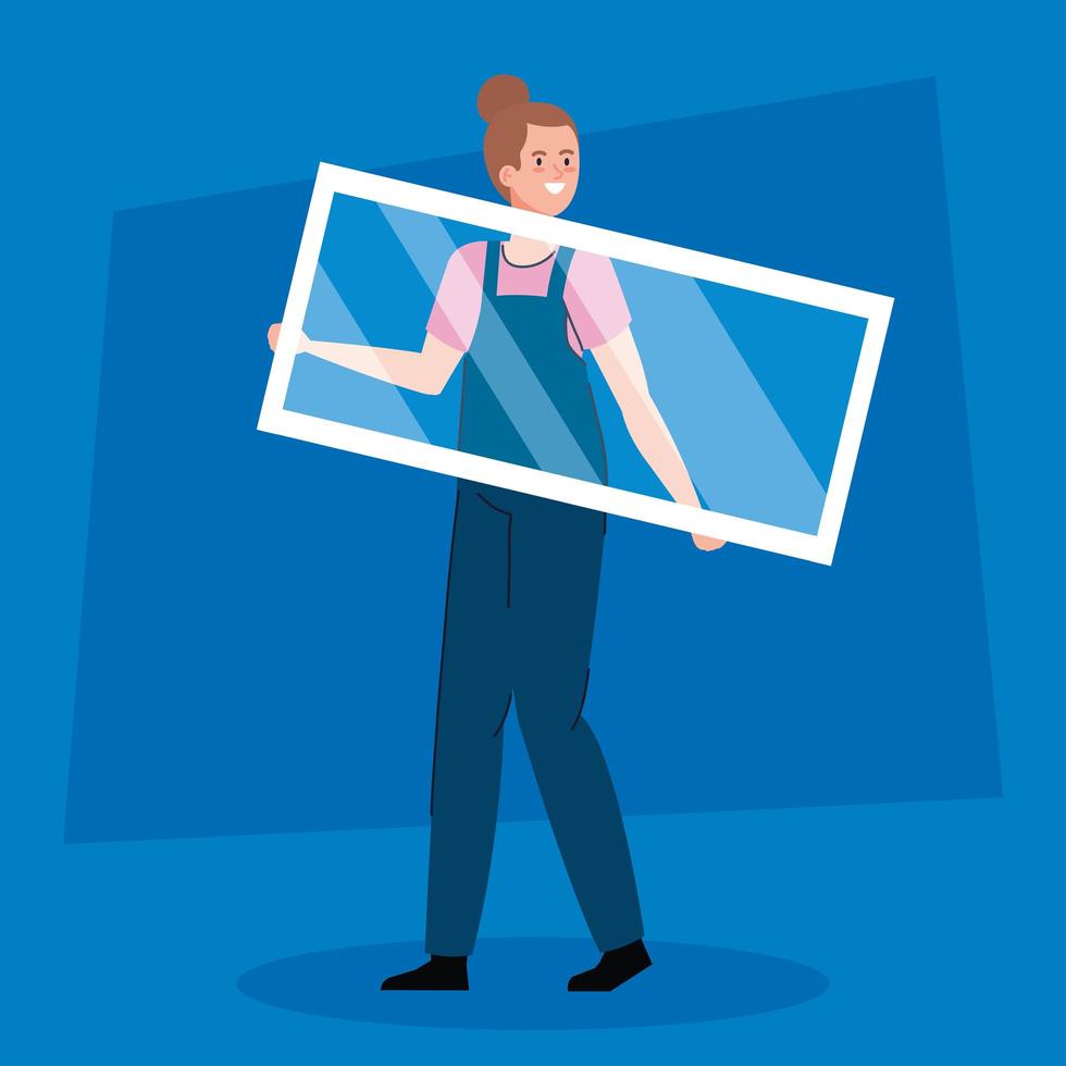 woman cartoon with construction window vector design