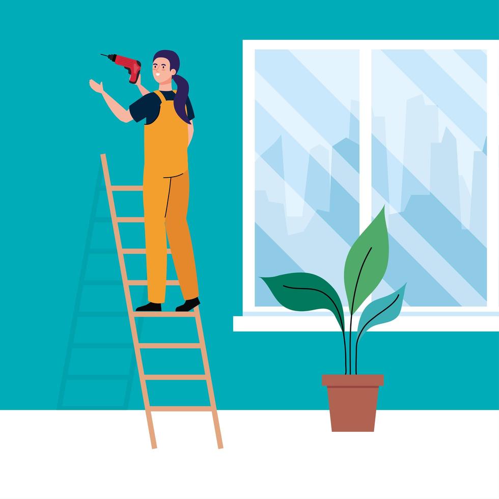 woman cartoon with construction drill on ladder vector design