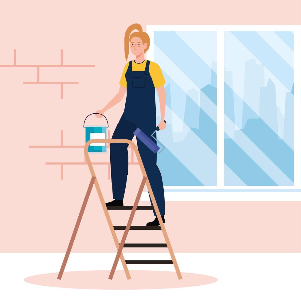 woman cartoon painting with bucket on ladder vector design