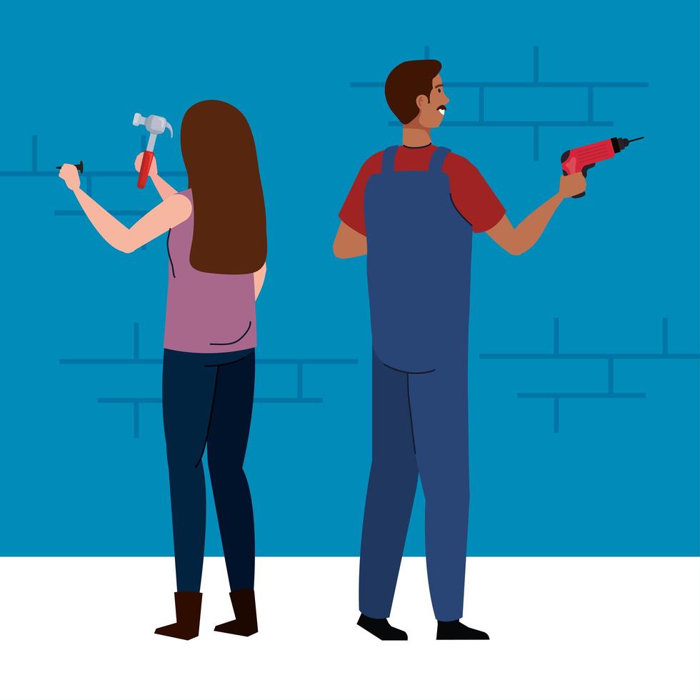 woman and man with construction drill and hammer vector design