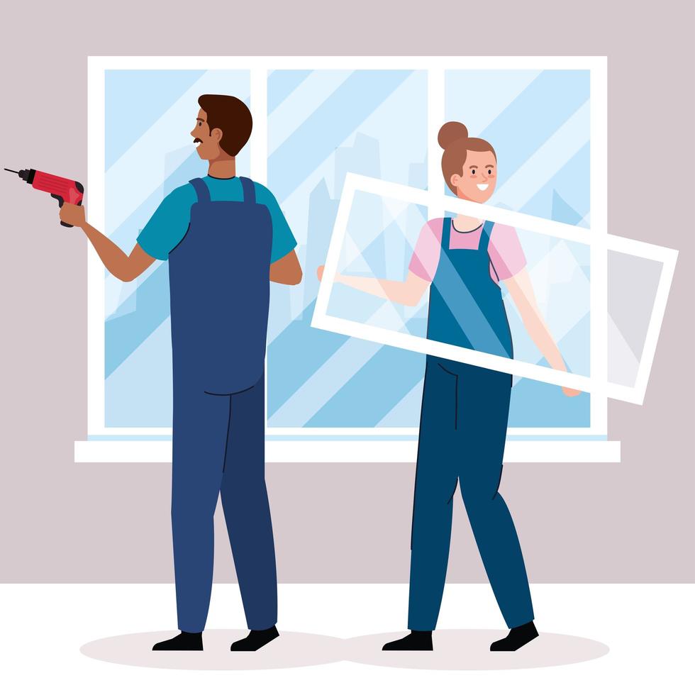 woman and man with construction drill at window vector design