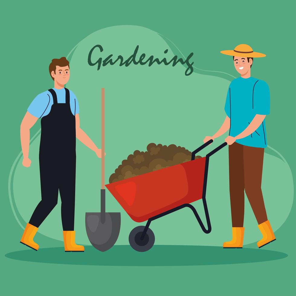 Hombres de jardinería con diseño de vector de pala y carretilla