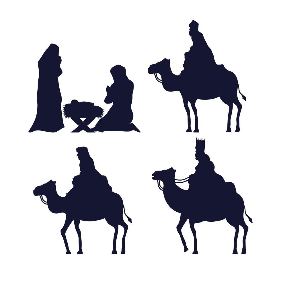 Feliz Navidad y Natividad conjunto de iconos siluetas diseño vectorial vector