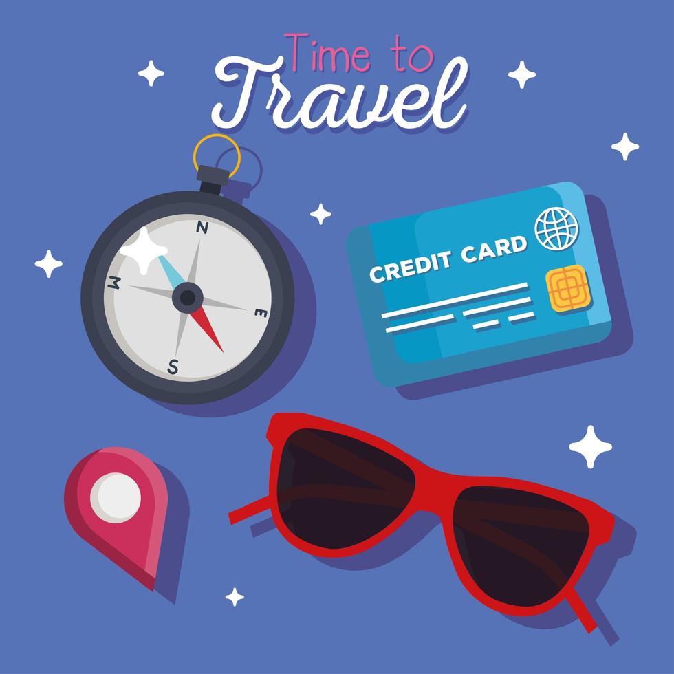 time to travel glasses compass and credit card vector design