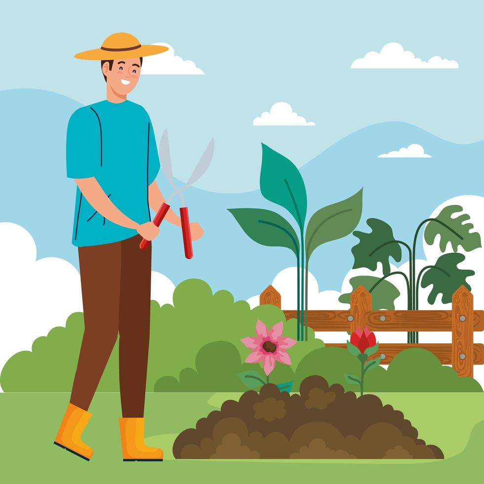 Gardening man with pliers and flowers vector design