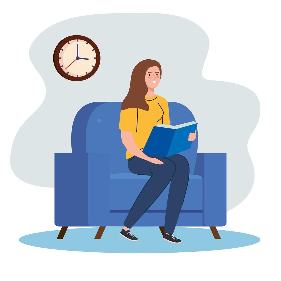 mujer leyendo un libro en una silla en casa diseño vectorial vector