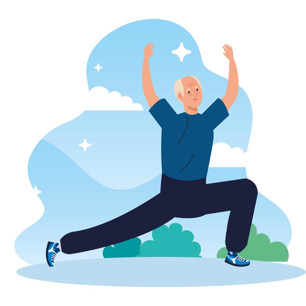 senior man practicing sport in the landscape vector