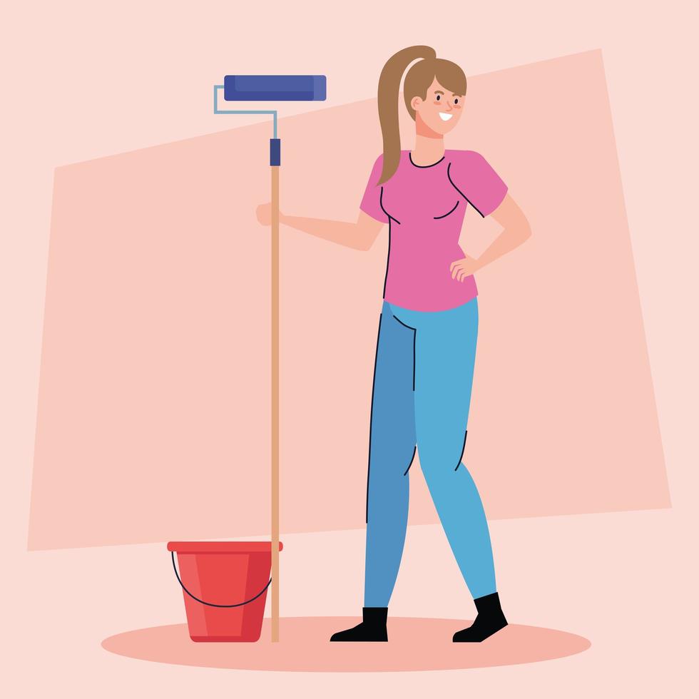 woman cartoon painting with roll and bucket vector design