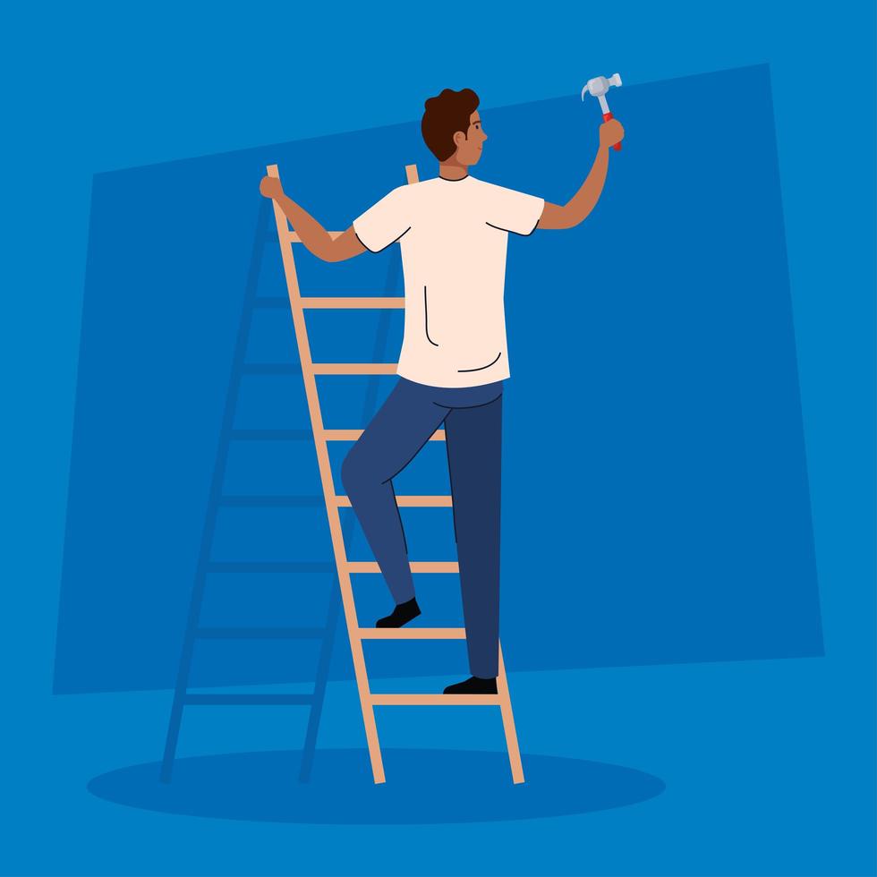 woman cartoon with construction hammer on ladder vector design