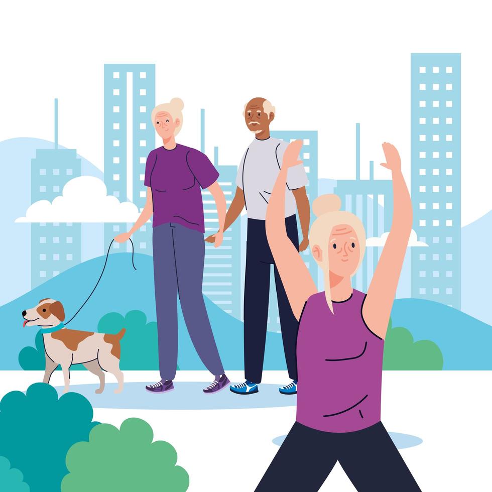senior people doing different activities and hobbies in outdoor vector