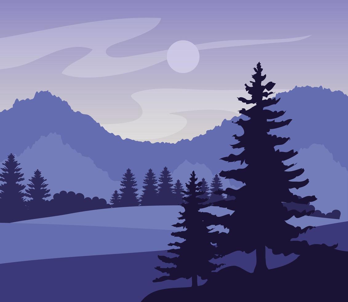 paisaje púrpura con siluetas de montañas y pinos vector