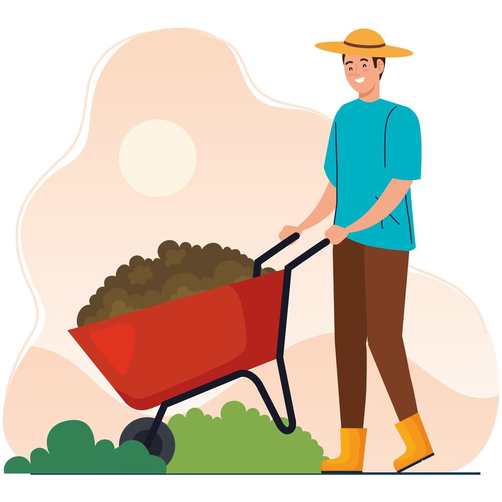 Gardening man with wheelbarrow vector design