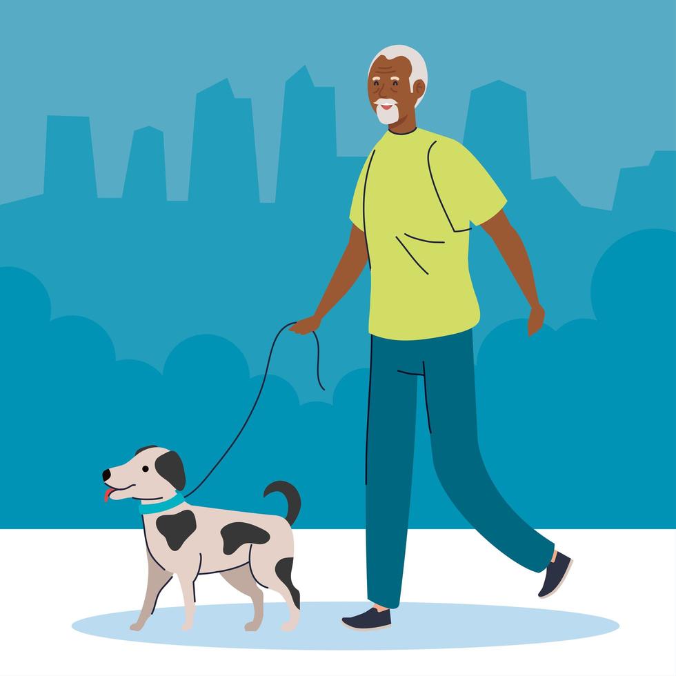 old man afro walking with dog pet vector