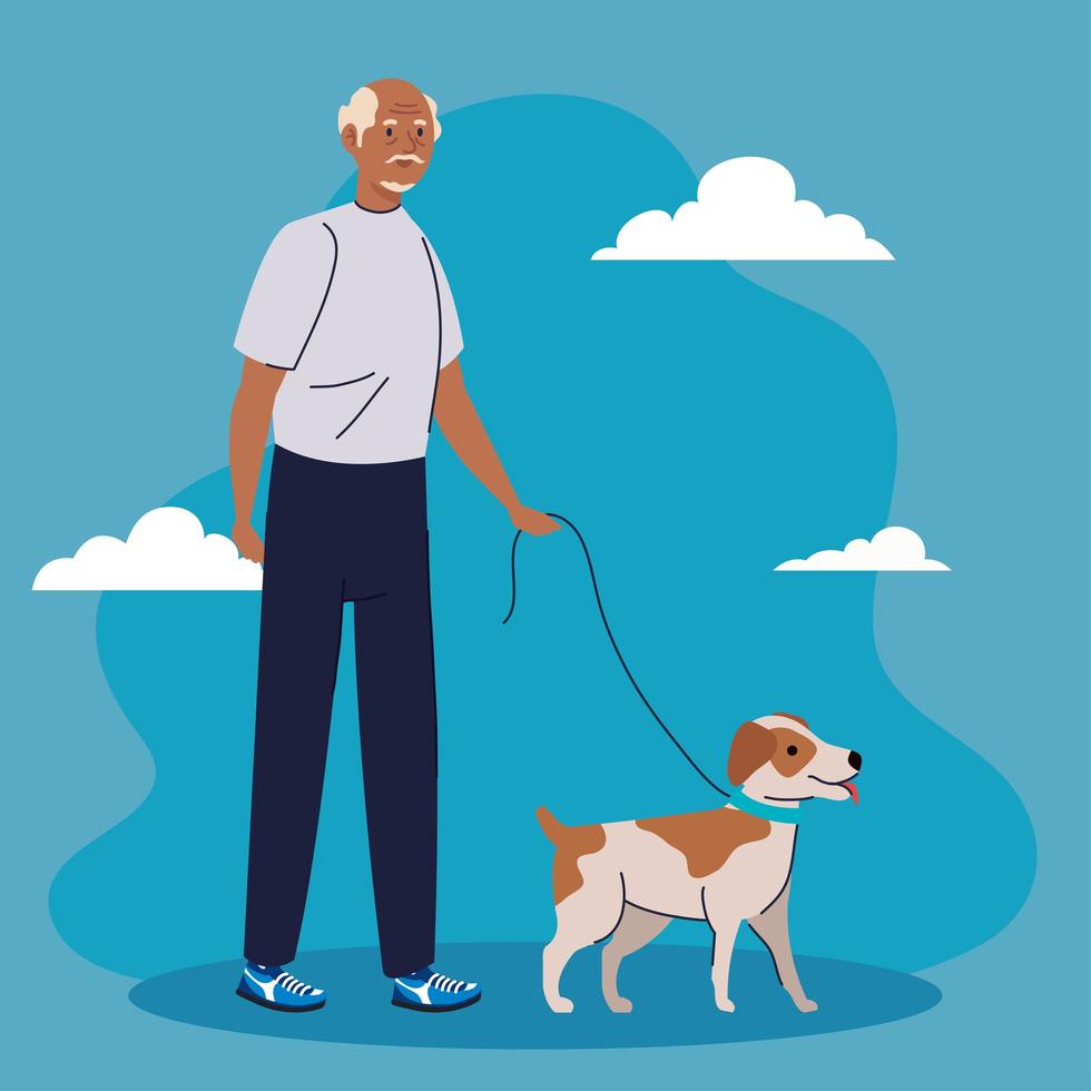 Anciano caminando con perro mascota sobre fondo azul. vector