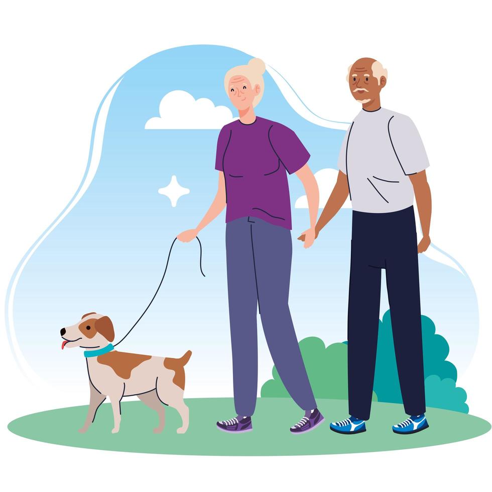 old couple walking with dog pet in the park vector
