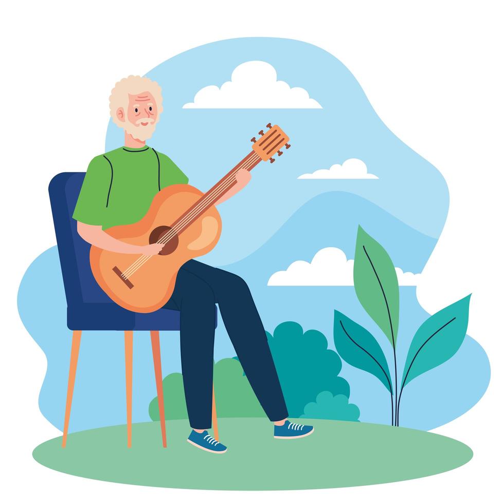 senior man playing guitar in the outdoor vector