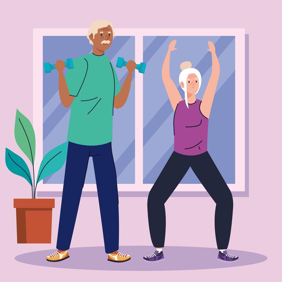 senior couple practicing exercise in the home vector