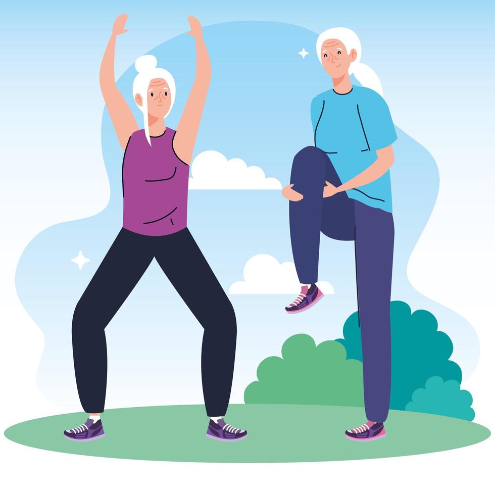 senior couple practicing exercise outdoor vector