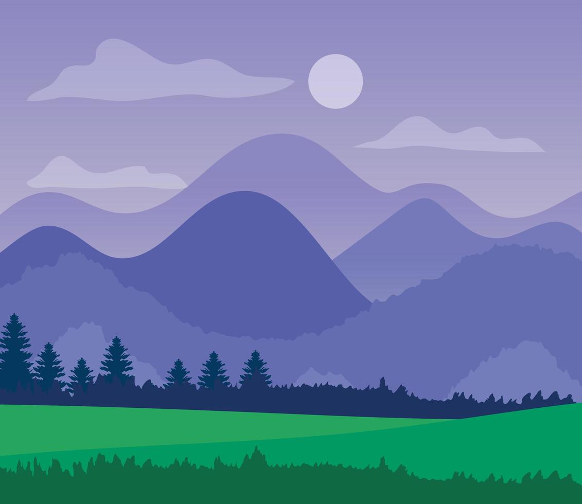 paisaje púrpura con siluetas de montañas de pinos y pasto vector