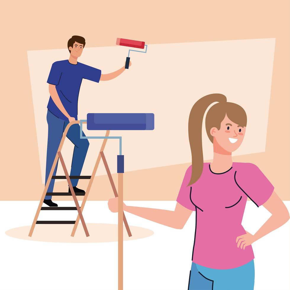 woman and man cartoons painting with roll and ladder vector design