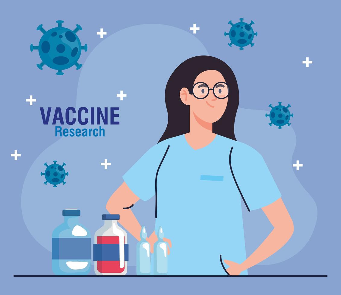 medical vaccine research doctor female with vials development coronavirus covid19 vaccine vector