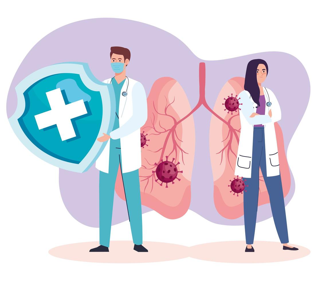 par de médicos con partículas del virus covid19 en los pulmones vector