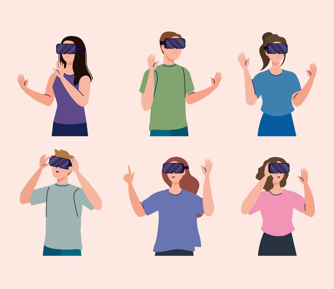 group of six young people using virtual reality masks technology devices vector