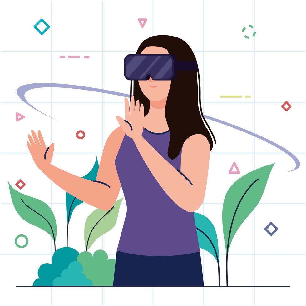 young woman using virtual reality mask and leaves vector