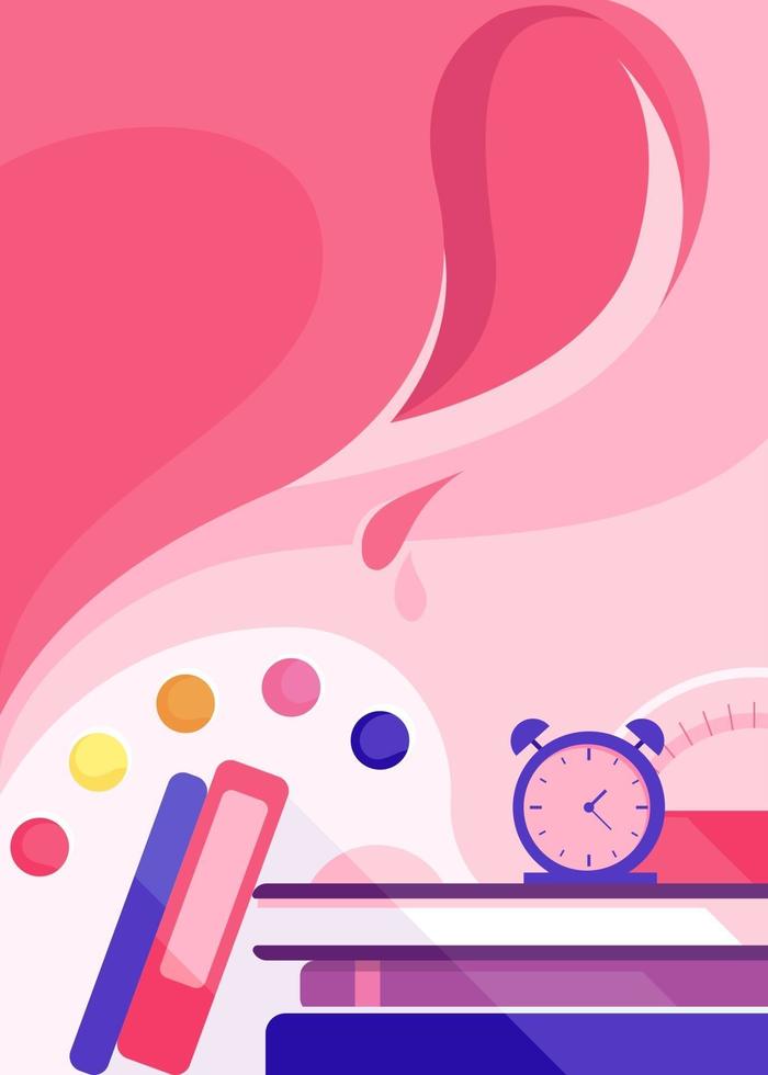 Plantilla de póster con reloj despertador y libros. vector