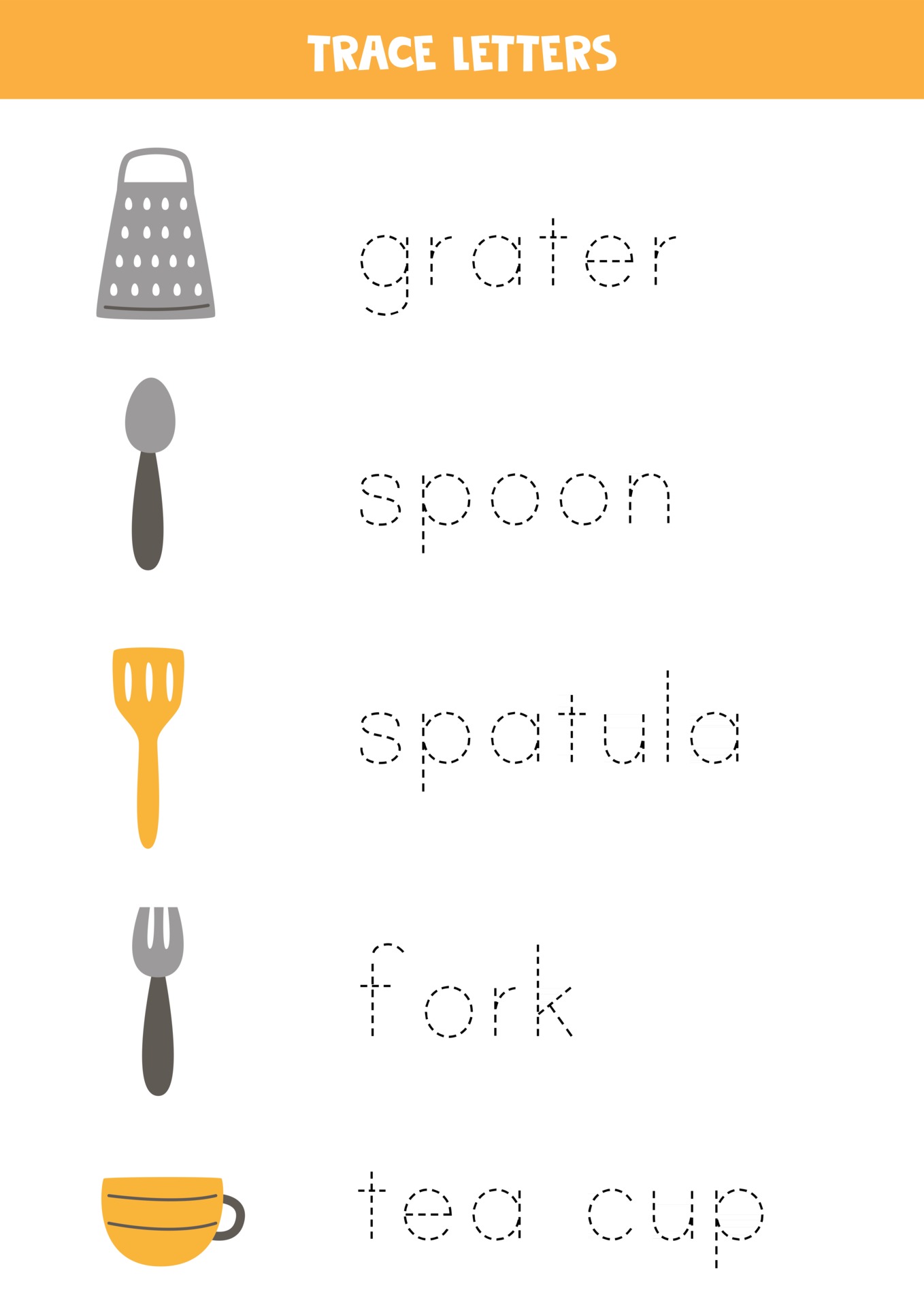 Tracing letters with kitchen utensils Writing practice 2529431 Vector