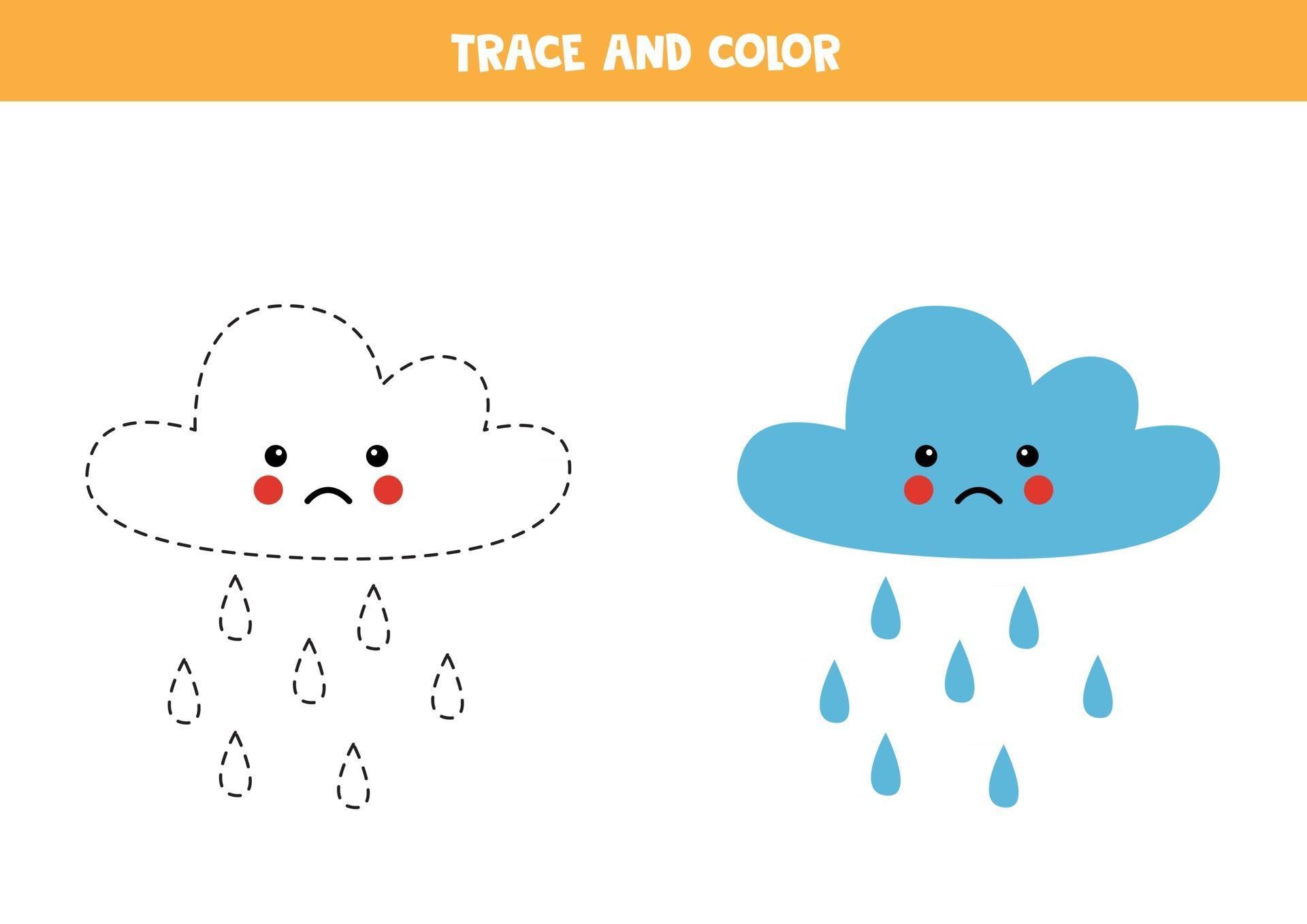 Trace and color cute rain cloud Worksheet for kids 2529432 Vector Art