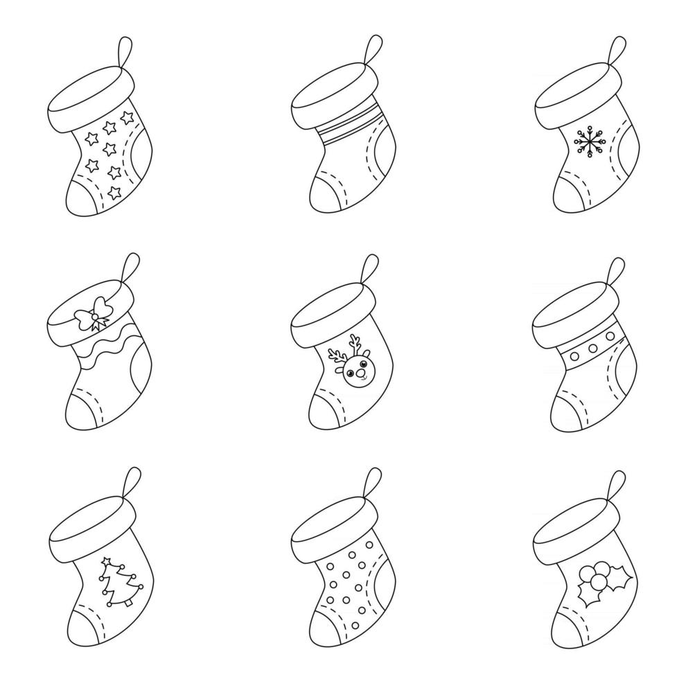 conjunto de ilustraciones de vectores de calcetines de Navidad en blanco y negro