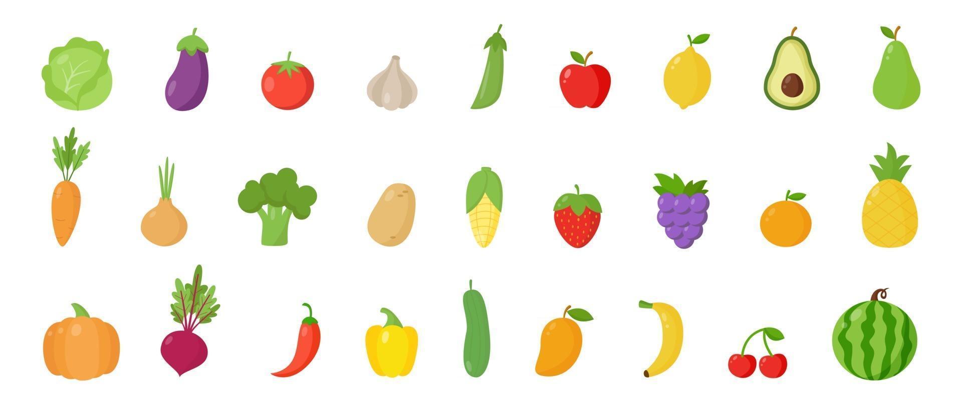 Set of colorful healthy vegetables and fruits Vector illustrations