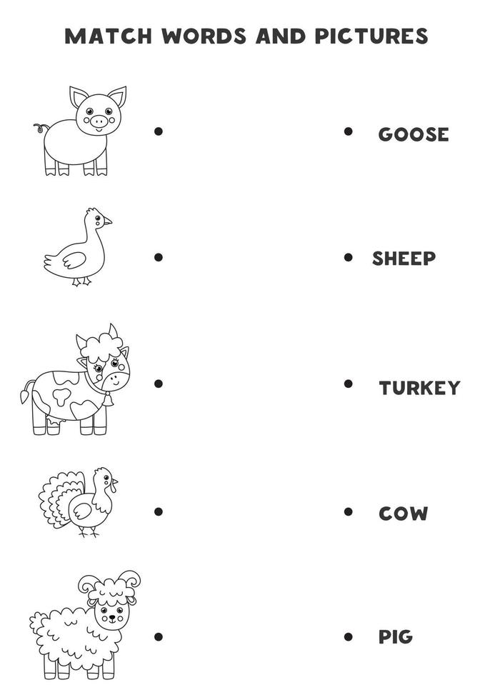 Emparejar animales de granja y juego educativo de palabras para niños. vector