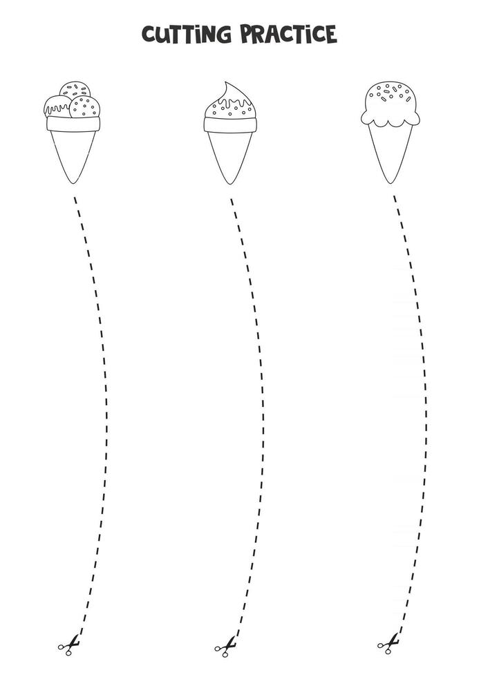 Cutting practice for children with cute black and white ice creams vector