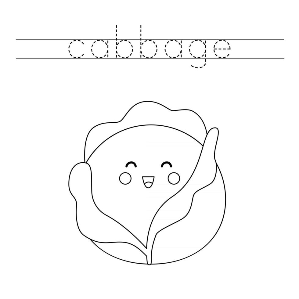 Tracing letters with cute kawaii cabbage Writing practice for kids vector