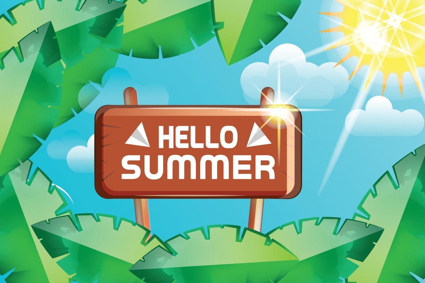 hello summer leafs with sunshine nature background vector