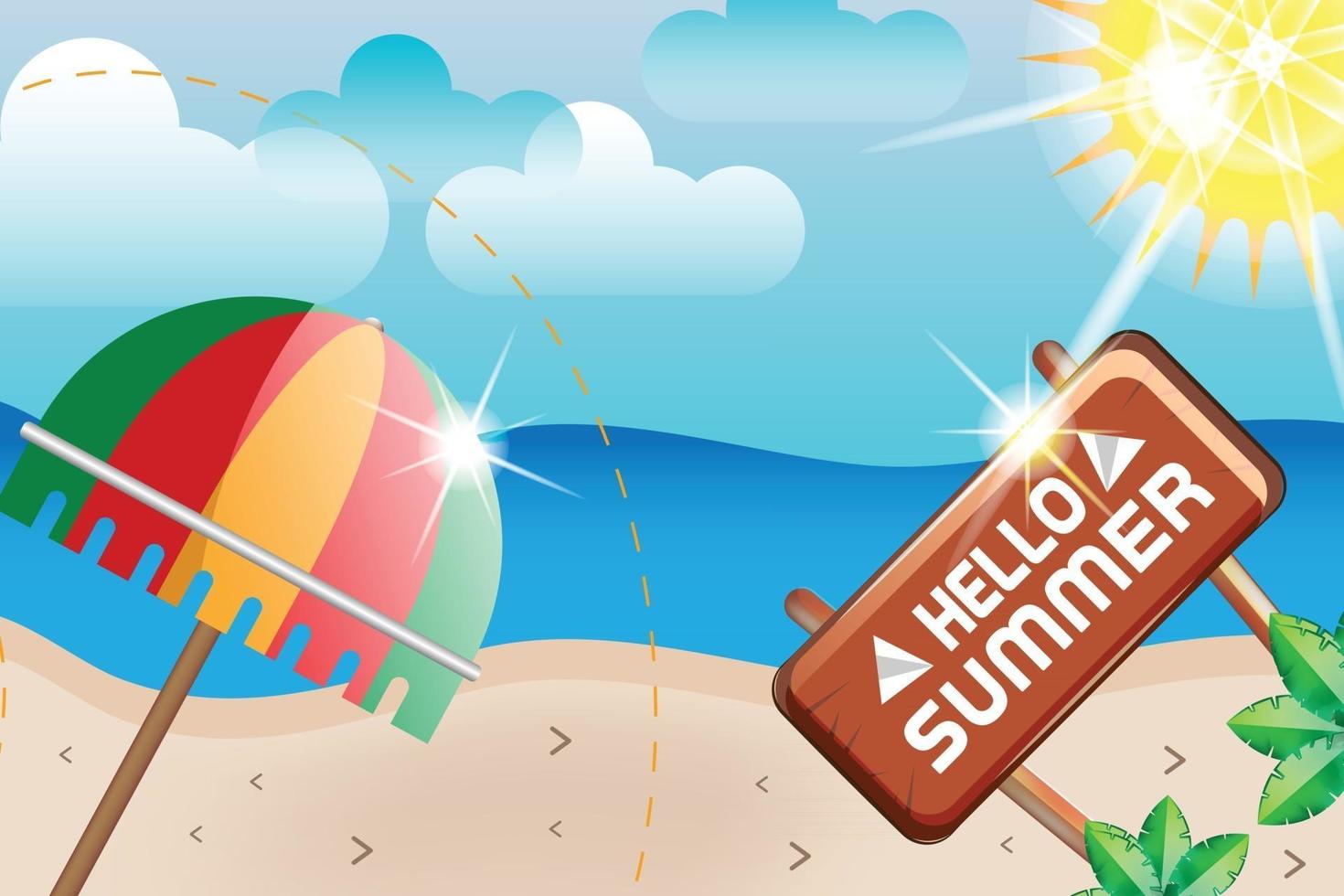 hello summer beach sunshine with umbrella background vector