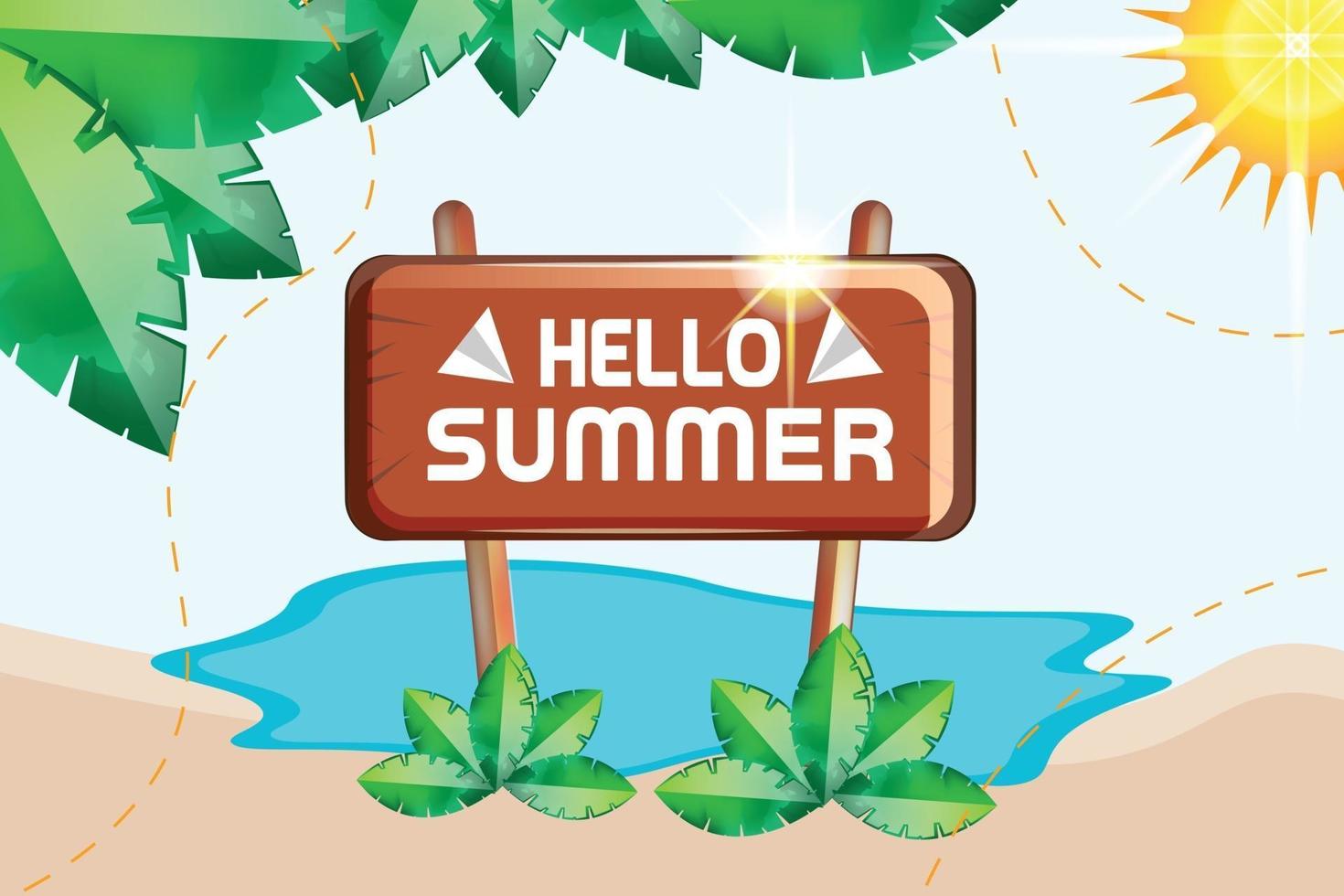 hello summer wooden board with small sea leafs nature background vector