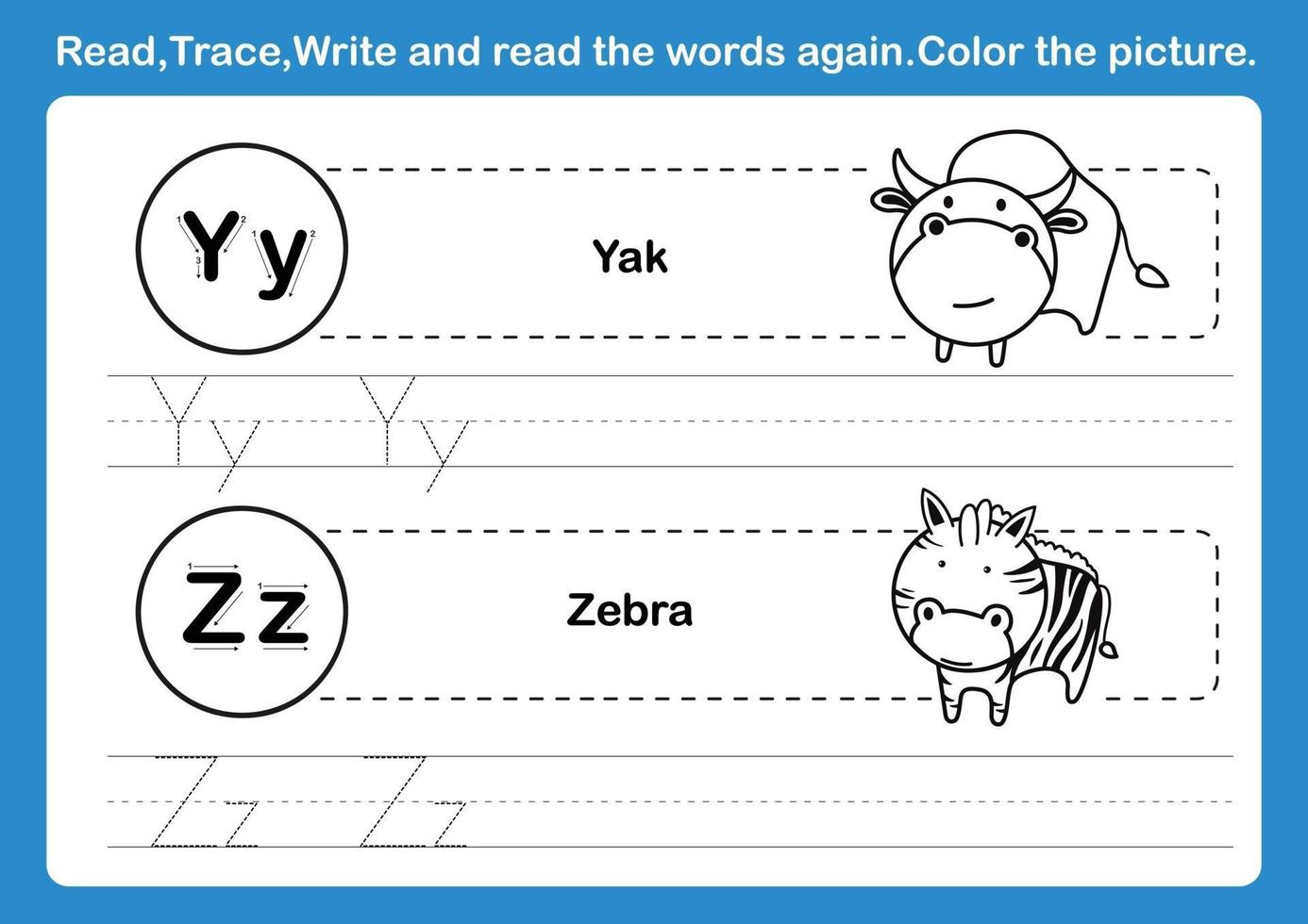 Ejercicio de alfabeto yz con vocabulario de dibujos animados para colorear vector de ilustración de libro