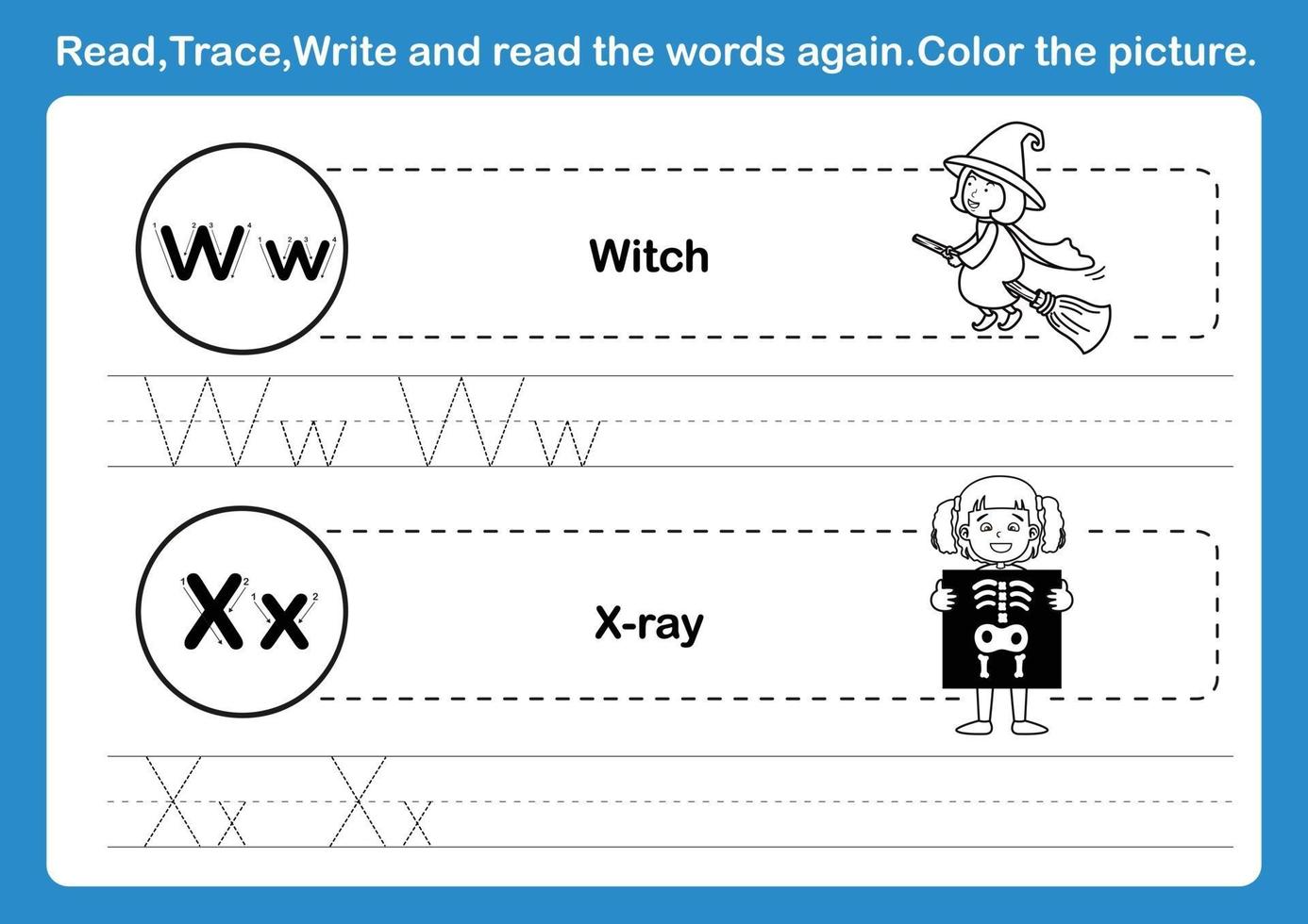 Ejercicio de alfabeto wx con vocabulario de dibujos animados para colorear vector de ilustración de libro